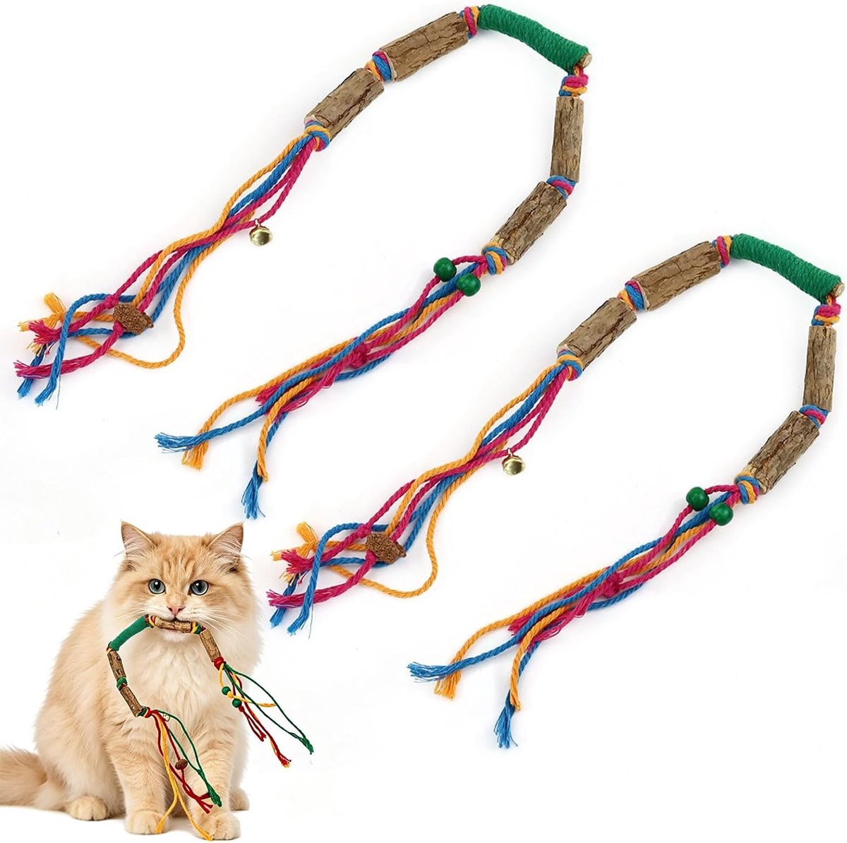 Kattenspeelgoed, set van 2 stuks, natuurlijk Silver Vine kauwspeelgoed met katoenen touw voor tandverzorging, interactief kattenspeelgoed voor bezigheid en stressvermindering