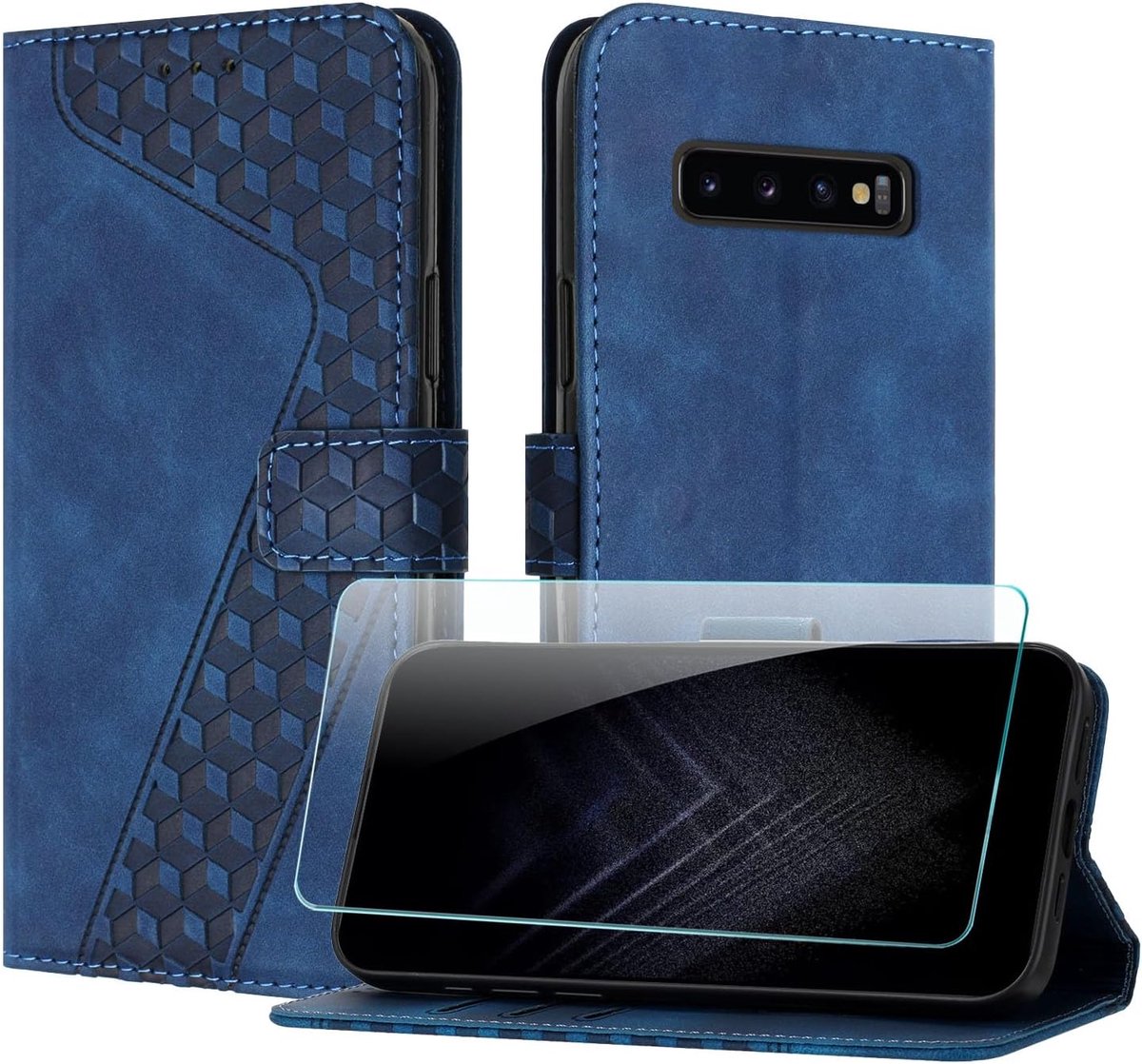 Telefoonhoesje voor Samsung Galaxy S10 Plus met Schermbeschermer, PU Flip wallet Hoesje met Kaartenvakken en Horizontale Standfunctie Magneet voor Galaxy S10 Plus (Blauw)