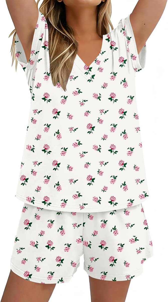 Pyjama voor dames korte mouwen pyjama leuke pyjama set V-hals loungewear sets voor vrouwen pyjama shorts tweedelige nachtkleding nachtkleding zachte kleding