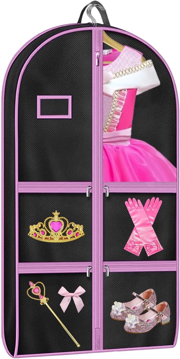Kledingtas voor kinderen, kledingzak, ademend, opvouwbaar, met 5 zakken, korte kledinghoes voor dansers, optredens, wedstrijden, reizen, stofdichte paktas, roze