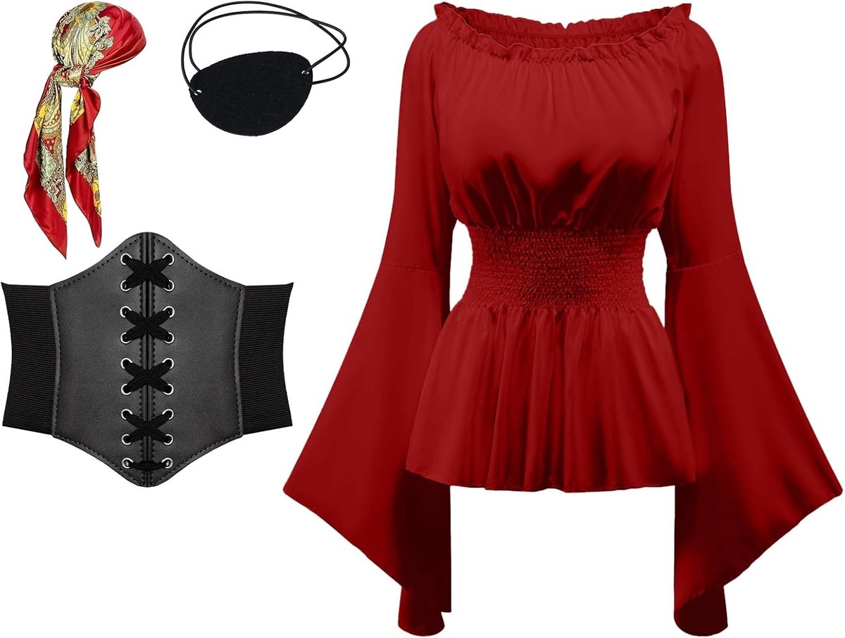 4 stuks piratenkostuum voor dames, middeleeuwse blouse met korsetriem, piratenaccessoires voor Halloween en carnaval