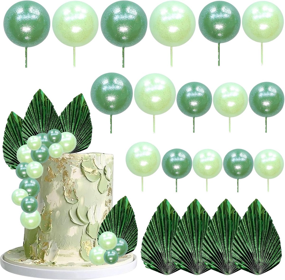 20 stuks toppers, schuimballen, taarttoppers, ballen, taartdecoratie in bohemian-stijl, taartdecoratie met bladeren, bal taarttopperdecoratie voor verjaardag, bruiloft, babyshower, feest (A)