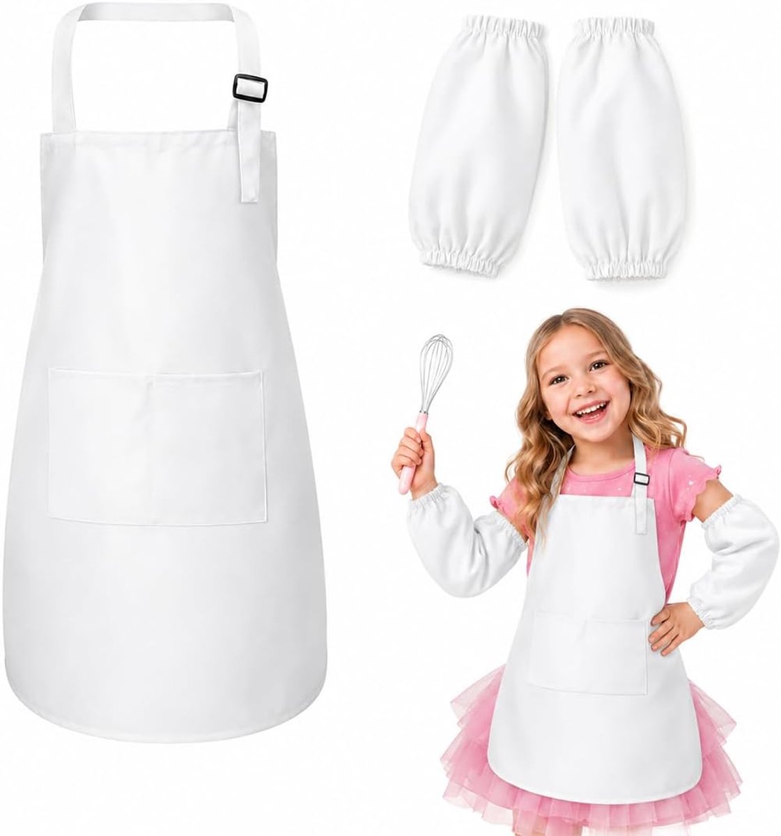 1 set kinderschort en kookmuts, wit, verstelbaar schort met zak voor koken, bakken, schilderen, knutselen, 60 x 40 cm, voor kinderen van 110-140 cm, van polyester
