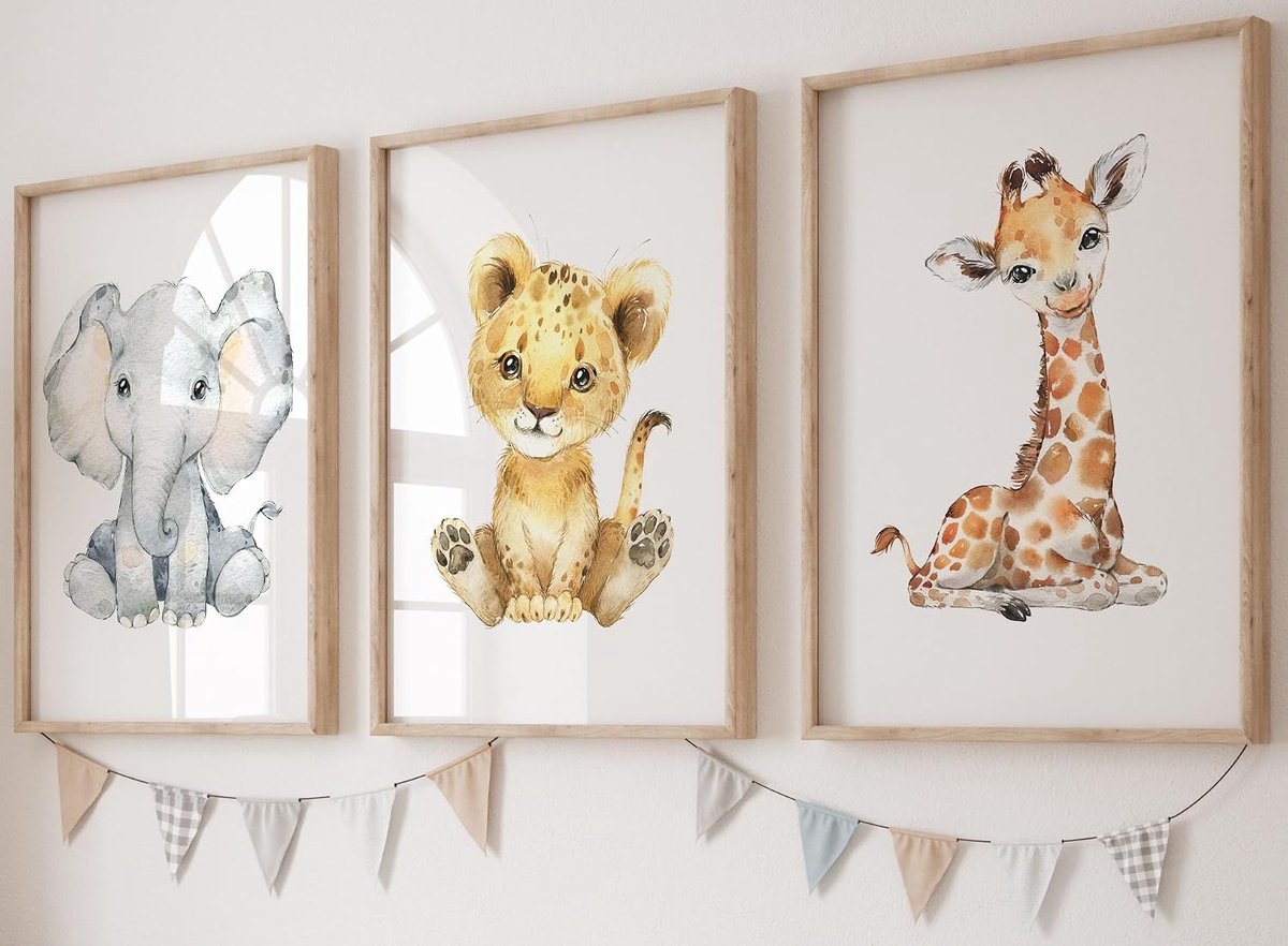 Prints posters for room – Muurdecoratie baby safari set van 3 A4 posters (leeuw, olifant, giraf) ongeframeerd voor jongen of meisje