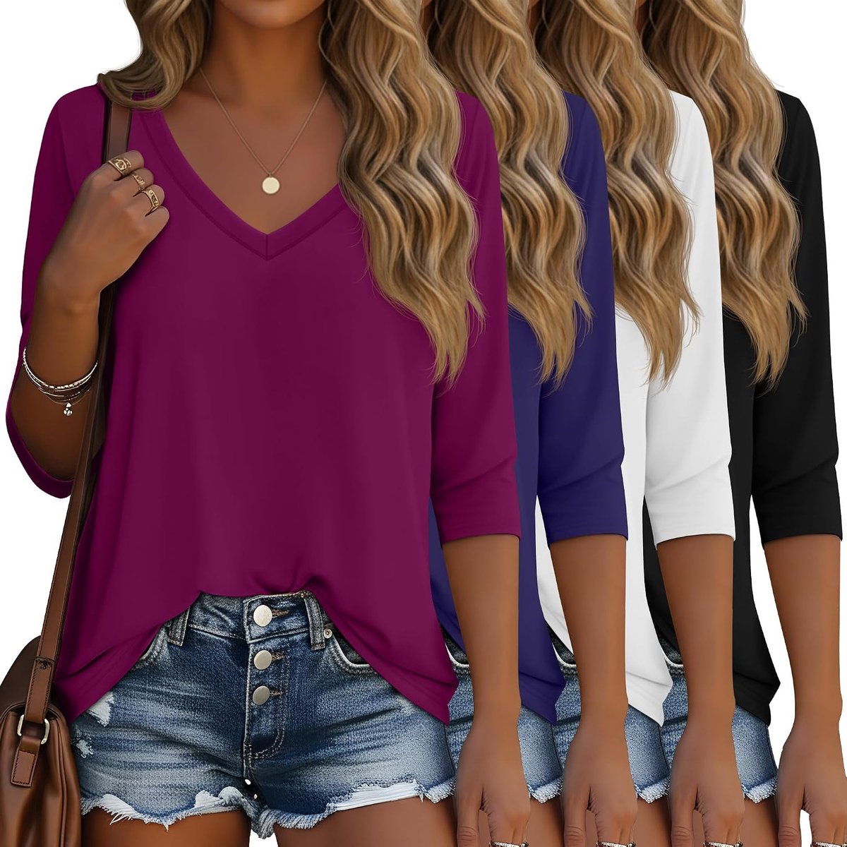T-shirts voor dames, 3/4 mouwen, V-hals, casual tuniektops, losse pasvorm, katoenen shirts, effen kleur, zomershirts
