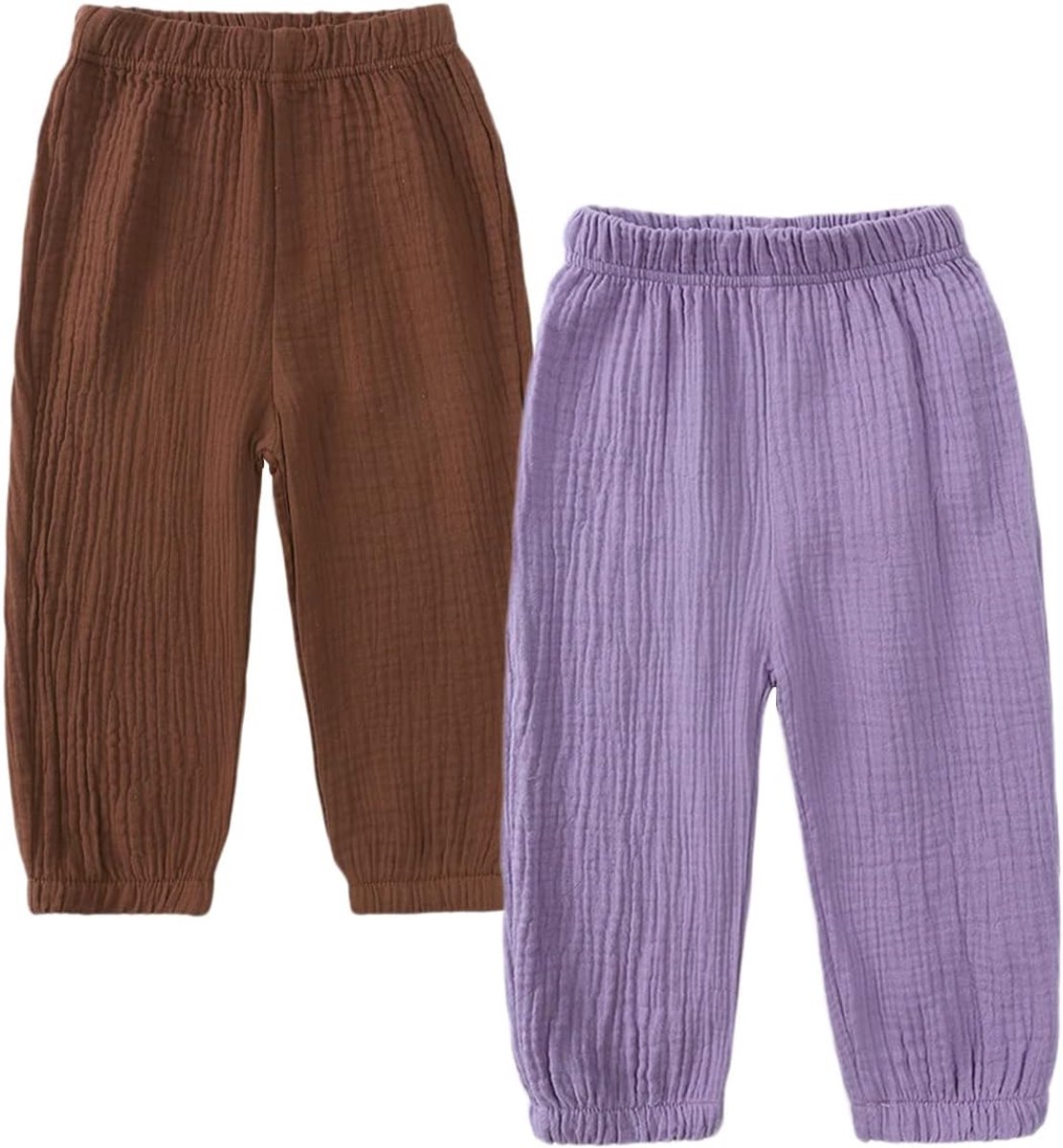 Set van 2 uniseks pompbroek voor baby's en kinderen, katoenen linnen broek, lichte ademende anti-muggen joggingbroek, casual broek, bruin/paars, 100 cm