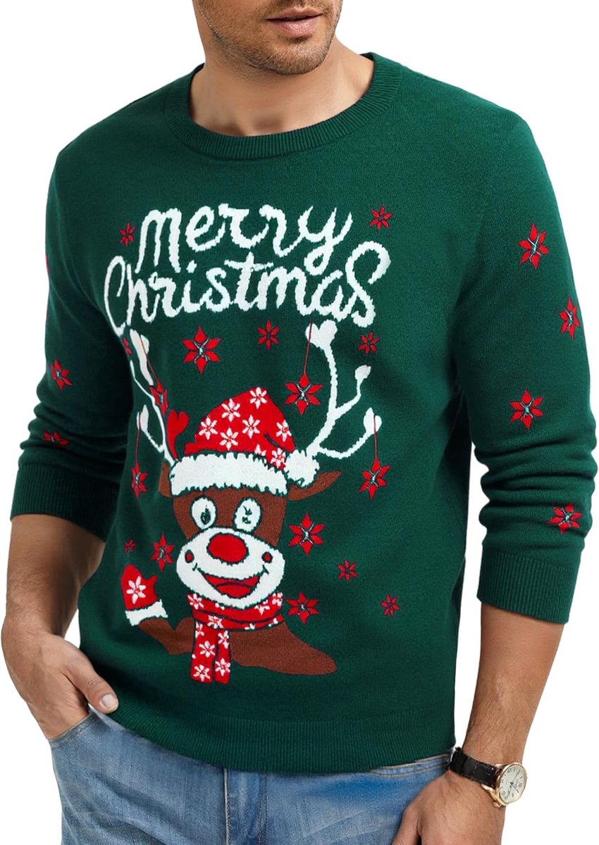 Kersttrui voor dames, Merry Christmas rendiermotief, gebreide trui, ronde hals, lange mouwen, grappige kersttrui, gebreide kersttrui, wintertrui, kersttrui, S-XXL