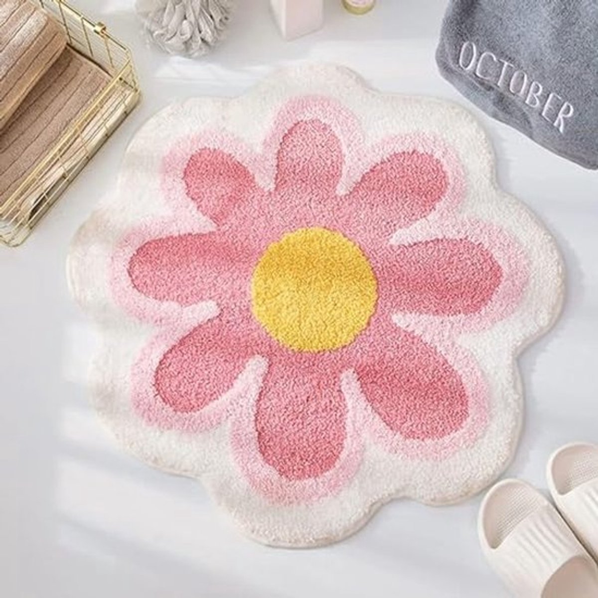 Zachte Antislip Badmat met Bloemen, 64 x 64 cm, Roze - Perfect voor Badkamer en Woonkamer