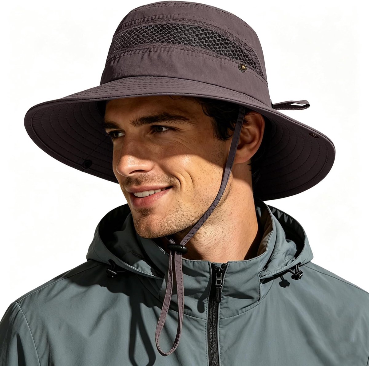 Ehsbuy Zomerhoed voor Heren Waterdicht Brede rand Ademend Mesh Cowboy Boonie-stijl Vissershoed Safari met verstelbare kinband voor Exploratore Trekking Wandelen