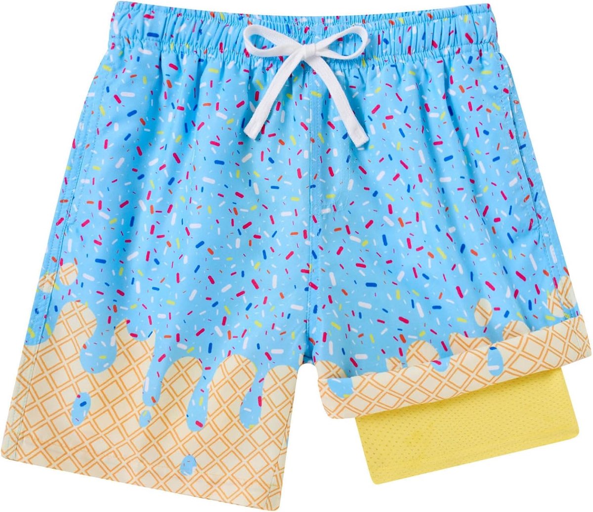 Zwemshort voor jongens, met compressieling, sneldrogend, rekbaar, 2-in-1 zwembroek, 3D-print, surfshort met zakken, 7-16 jaar