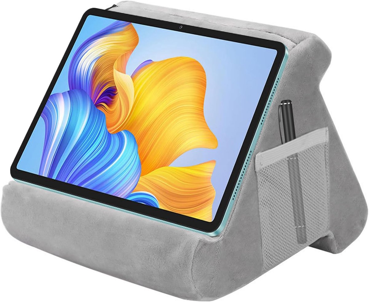 Kussen, Driehoekige Tabletkussenstandaard Met Tas, Mini Kussenhouder, Laptopkussenhouder voor iPad-Telefoonhouder, E-Reader, Smartphones, Grijs