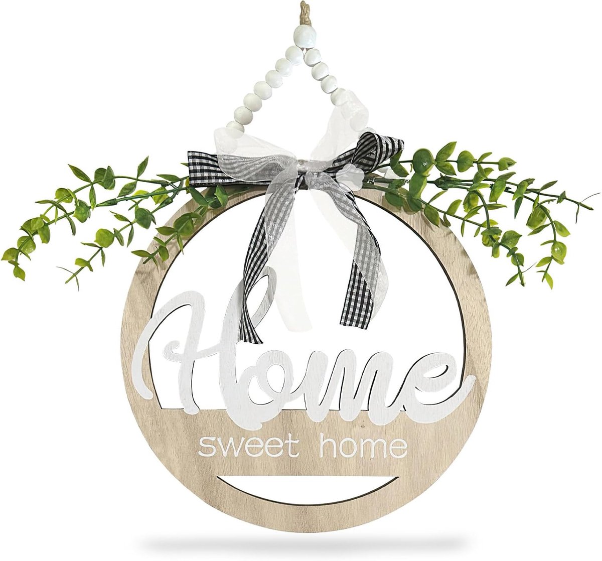 Welkomstbord voor voordeur, boerderij, veranda, decoratie, ronde houten krans met groen, housewarming cadeau, binnen- en buitenhuisdecoratie