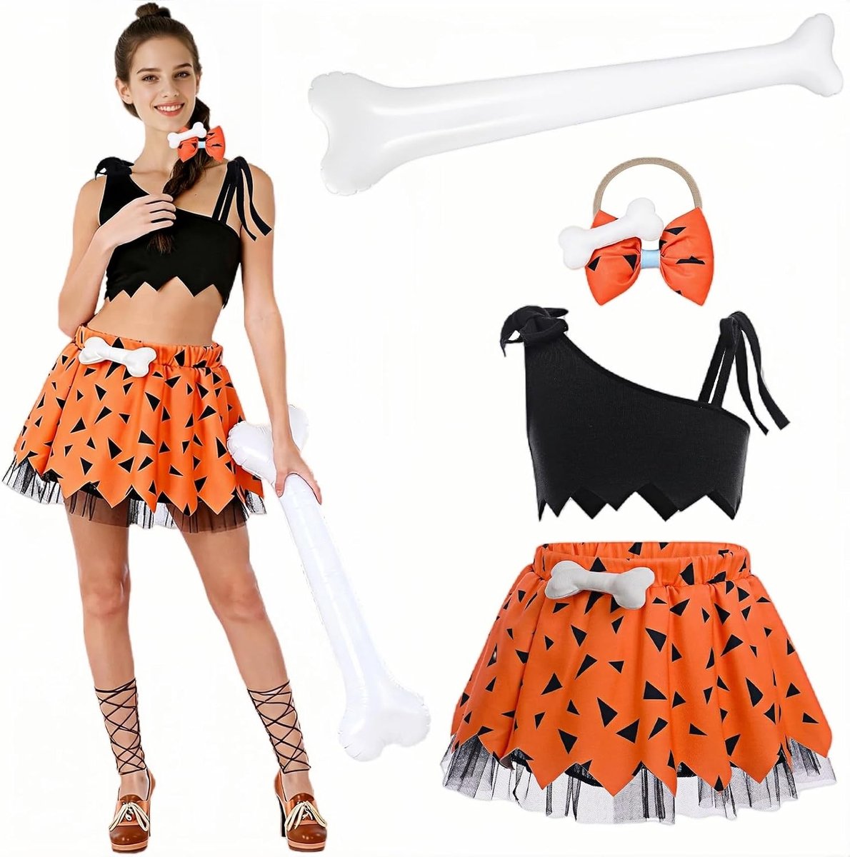 Kostuum, steentijdman, Halloween, holbewoner, dameskostuum met nekhouder, top, bedrukte rok, bot, hoofdband, opblaasbare stick, holbewoner outfit voor Halloween carnaval
