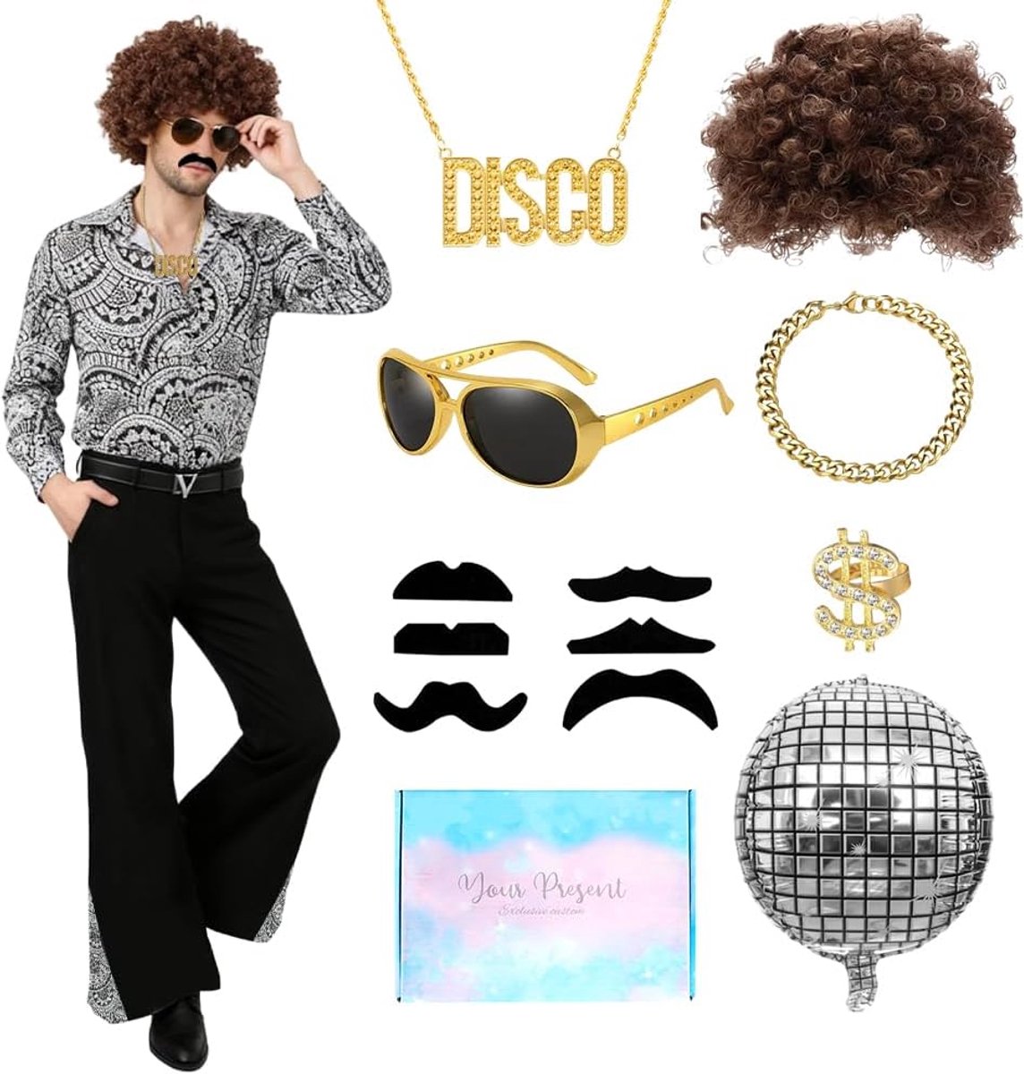 Outfit voor heren, jaren '70-outfit voor heren, glitterhemd met accessoires, pruik, bril, jaren '70-kleding voor carnavalskostuum, Halloween, verjaardag, disco, decoratief feest