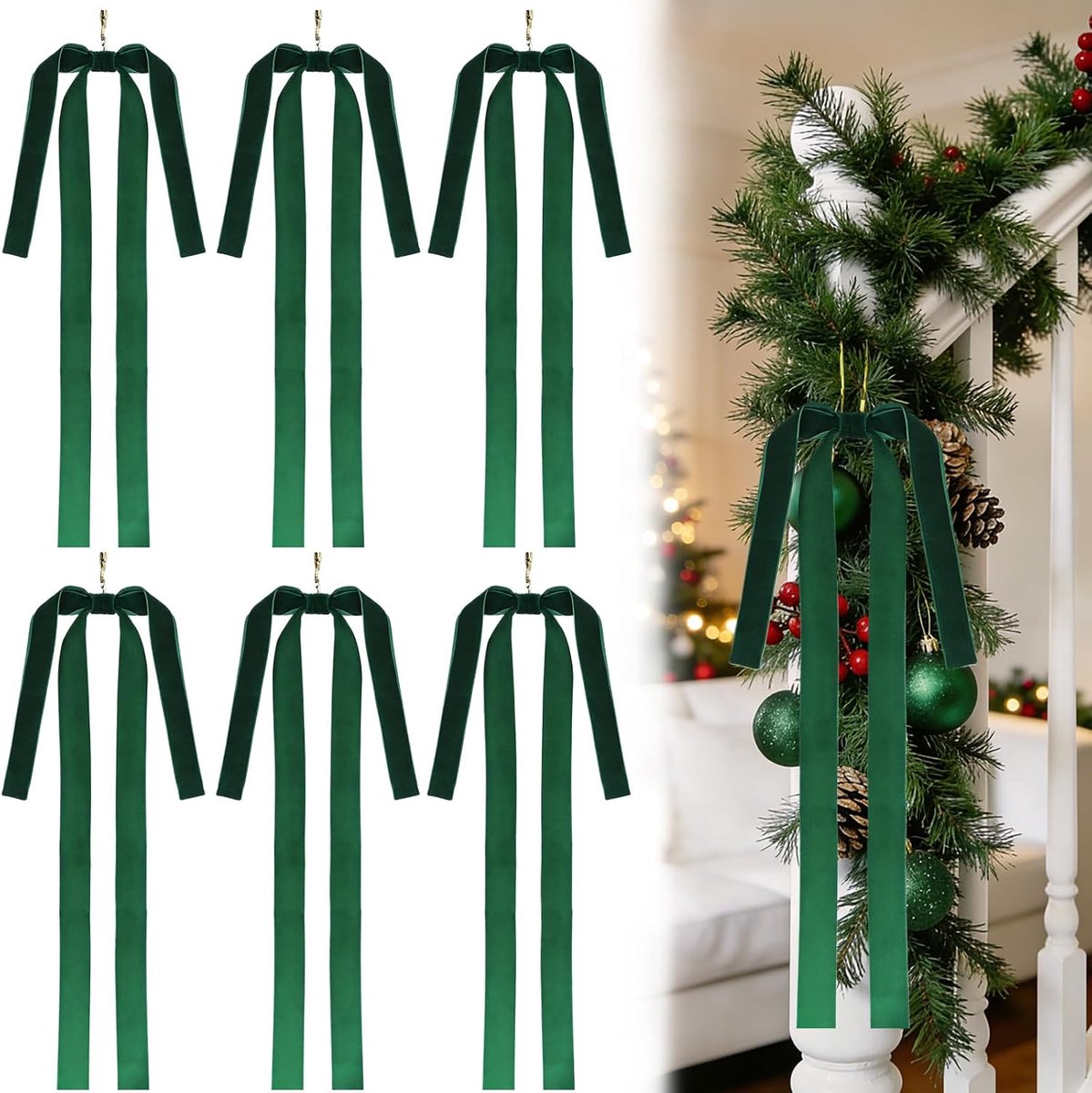 Strikken, 6 stuks, 60 x 40 cm, grote strikken voor kerstboom, decoratie voor kerstbomen, kerstdecoraties voor veranda, trappen, ramen (groen)