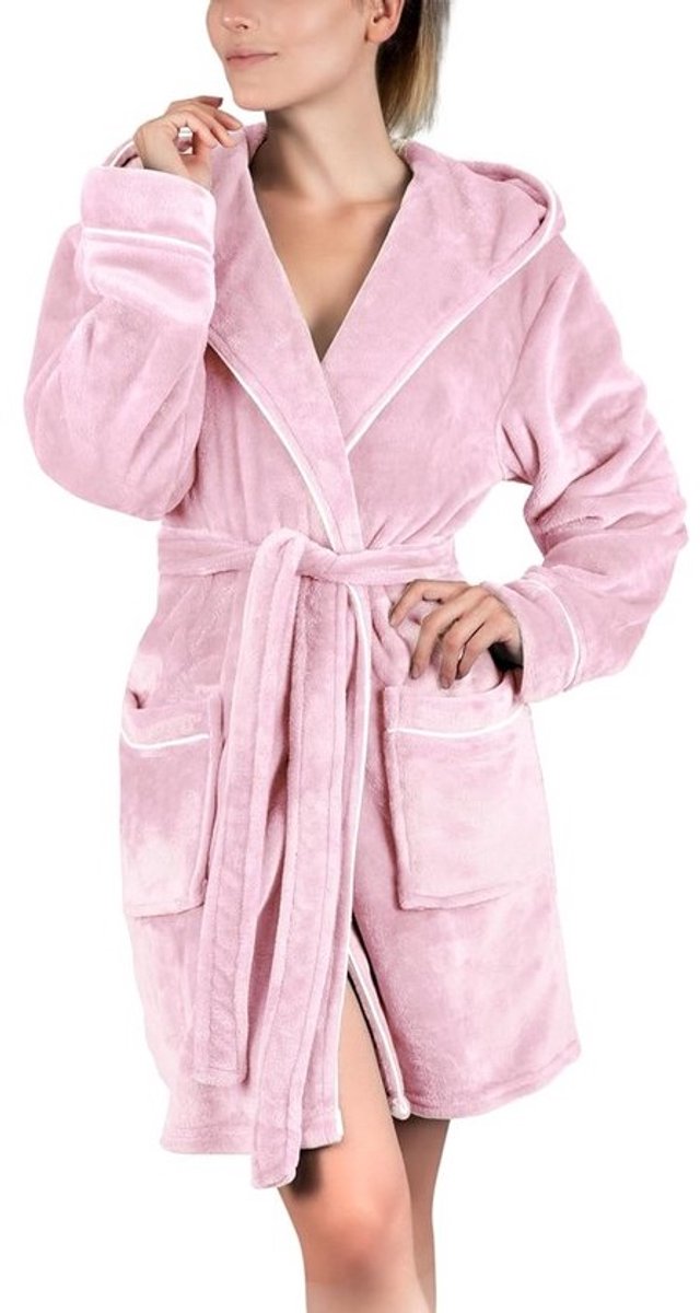 Fluffy Dames Badjas met Capuchon - Knuffelfleece - Oeko-Tex Standaard 100 - Korte Kamerjas - Maat S - XXXL