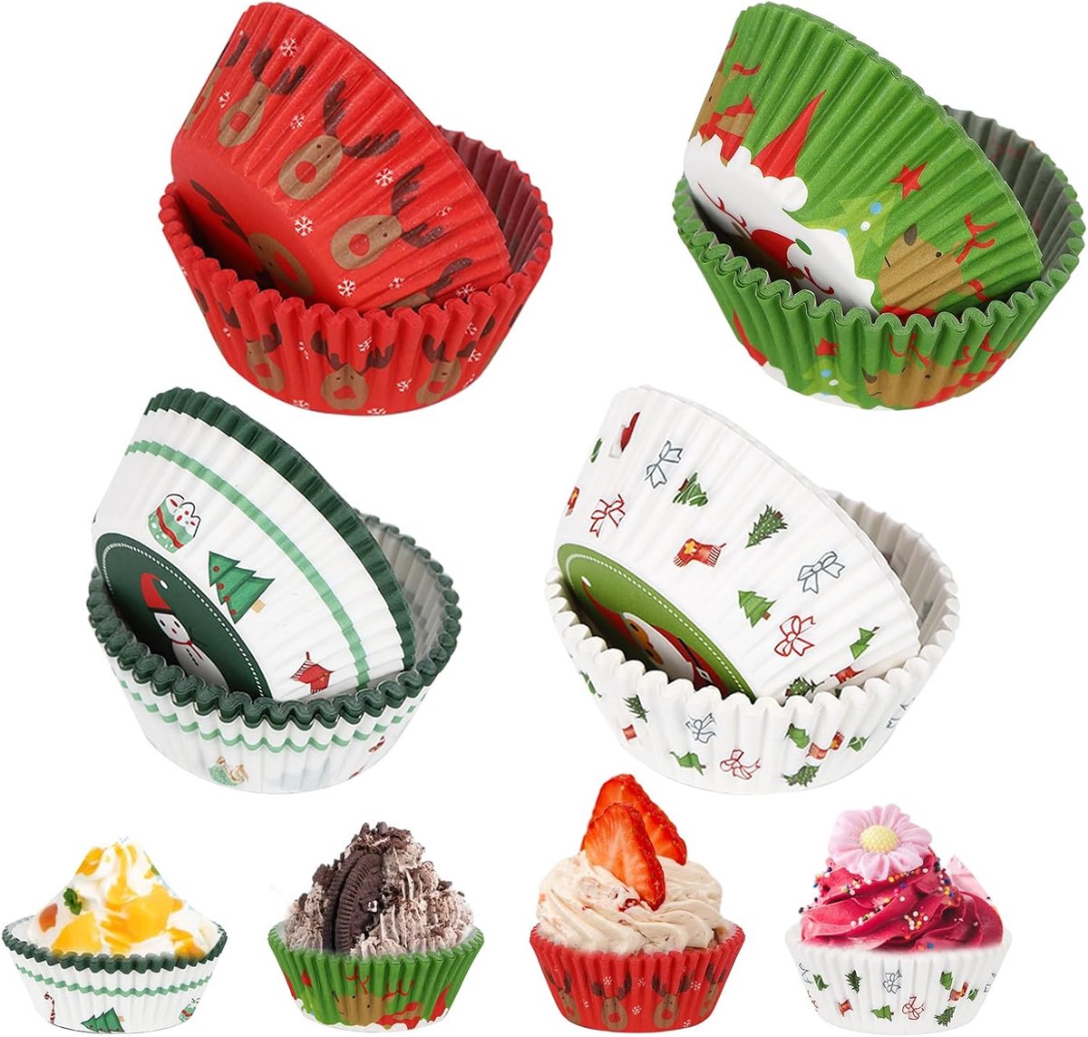 200 stuks kersttaartdecoratie, muffinhoesjes, geolied, wegwerpvormen voor kerstfeesten, cupcake-papieren vormen, muffinhoesjes