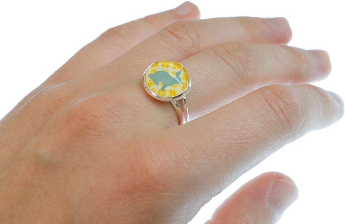 Blauwe Konijn Ring Cabochon Verzilverd Dier Paashaas Weide