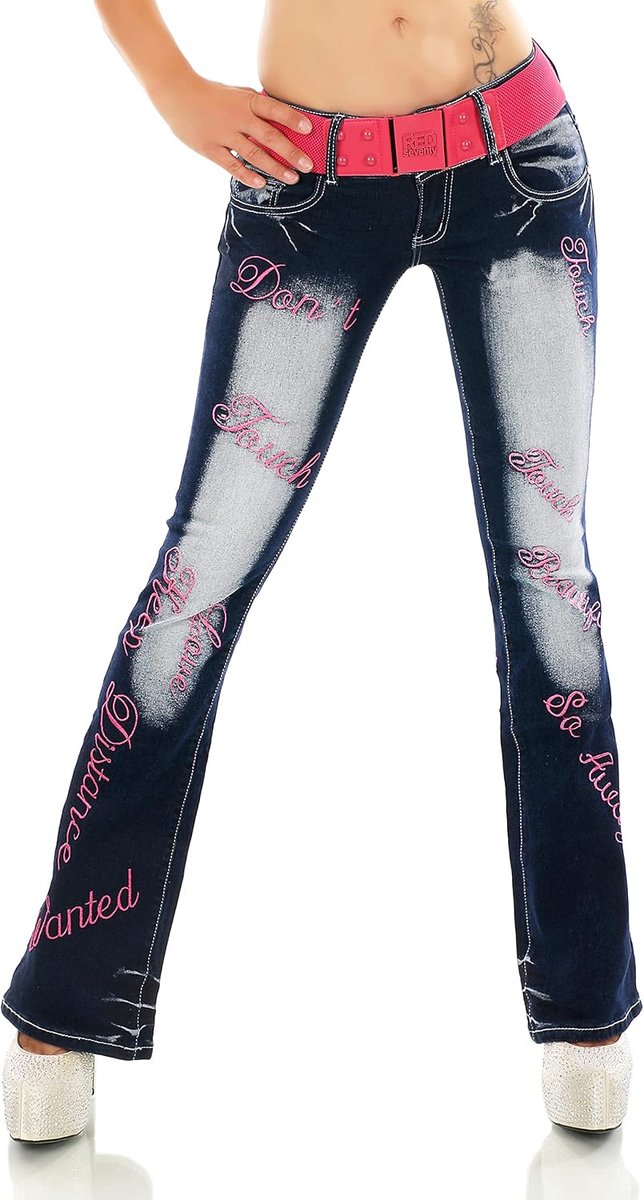 bootcut jeans broek broek verschillende borduurwerk tattoo draak struisvogel belettering incl. riem XS-XXL