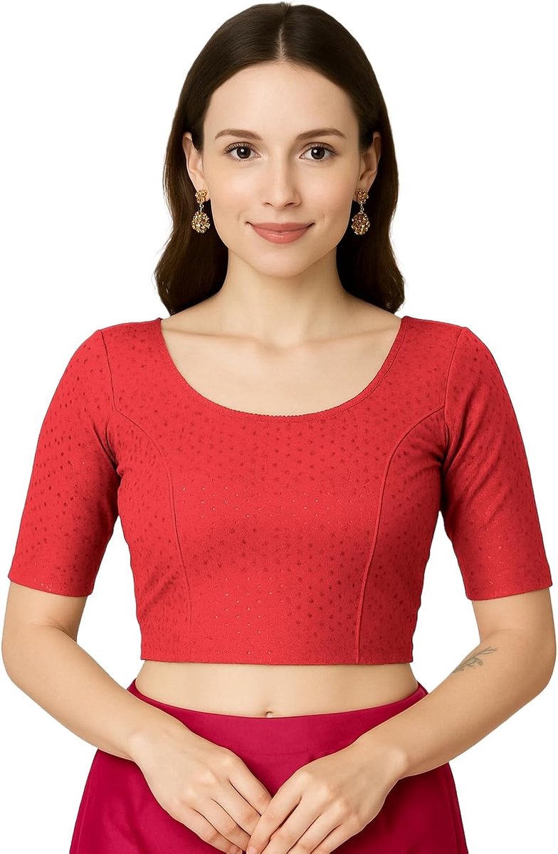 Fashion Kant-en-klare sari-blouse met ronde hals, gemaakt van katoenen lycra met een subtiel geweven patroon en met 3/4-mouwen