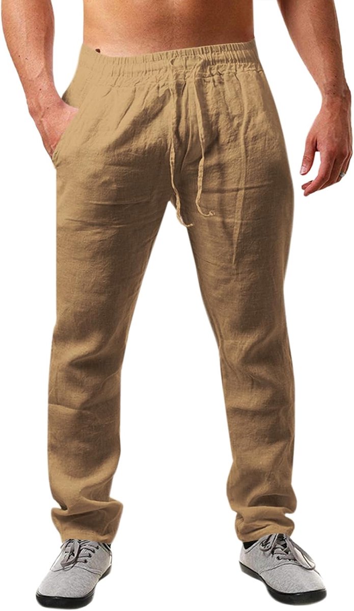 Linnen herenbroek, effen, lang, licht, zomerbroek, losse pasvorm, vrijetijdsbroek met trekkoord, voor vakantie, strand, dagelijks gebruik