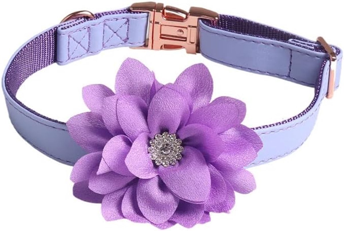 Kattenhalsband, hondenhalsband, huisdier halsband met strass bloemen en metalen gesp, afneembare bloemen, hondenhalsband, honden halsband, kattenhalsband, voor welpen en kittens, lila, 2 x