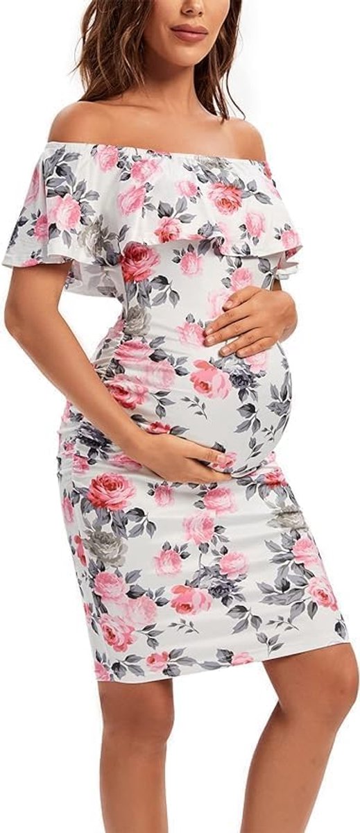 Zwangerschapsjurk casual met schoudervrijheid, ruches, mouwloos, bodycon, zwangerschapsmode, zomer