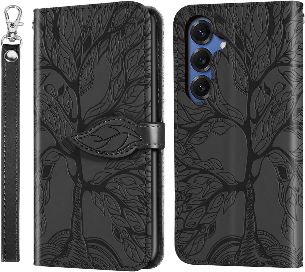 Hoes voor Samsung Galaxy S25 5G Hoes Kaartenvak PU Leer Portemonneehouder Flipp Reliëf Boom Telefoonhoes voor Samsung Galaxy S25 5G Zwart