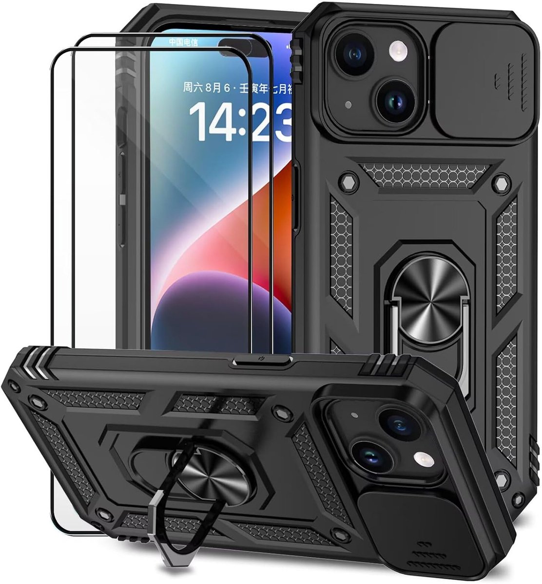 Voor iPhone 15 Hoesje Glijcamerahoes met Gehard Glas Schermbeschermer met Ringhouder Schokbestendige PC Siliconen Robuuste Beschermhoes - zwart