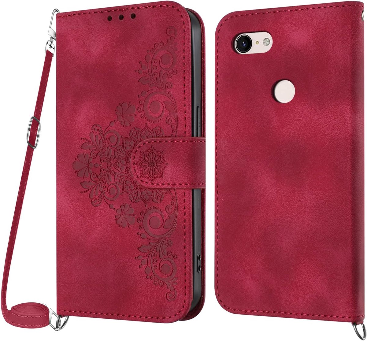 Hoesje voor Google Pixel 3 XL met koord, Lederen Flip Wallet Telefoon met pasjeshouder Kickstand Magneetsluiting Compatibel met Google Pixel 3 XL - Rood
