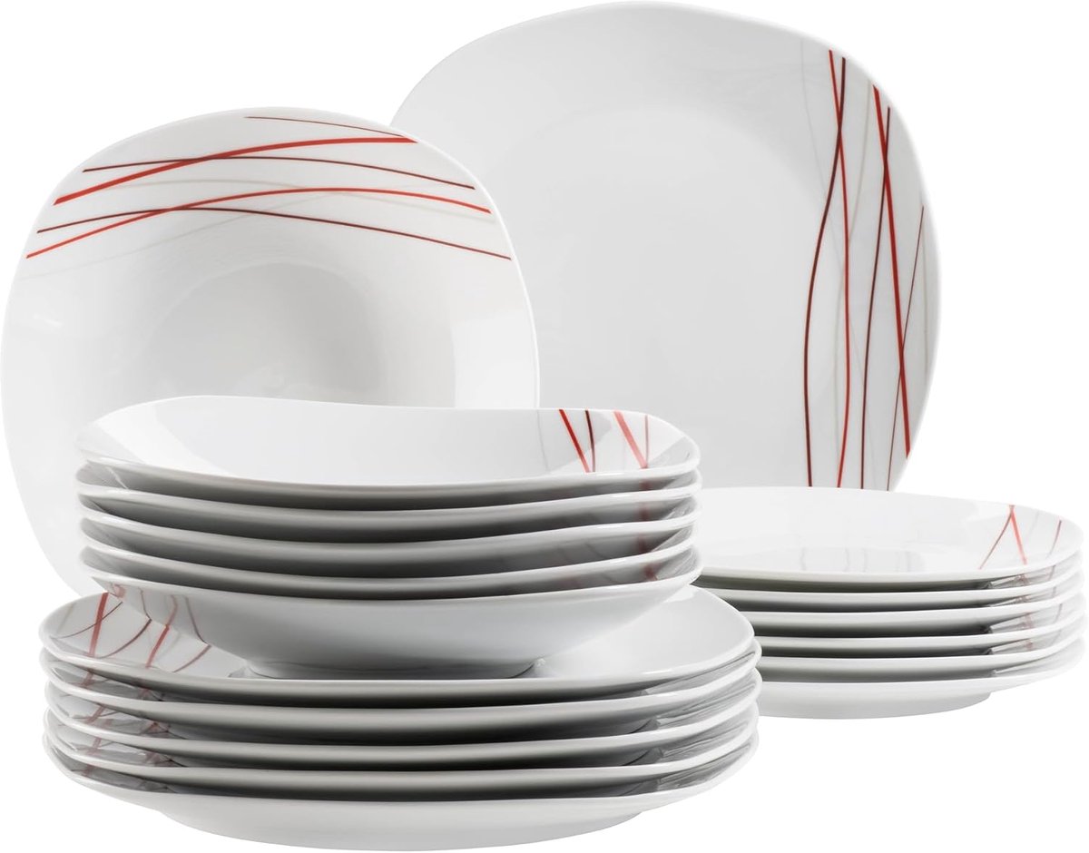 Sencilla, bordenset voor 4 personen met moderne lijndecoratie, 18-delig servies set met platte borden, diepe borden en dessertborden, porselein, wit
