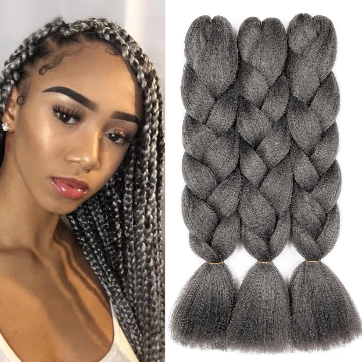 Synthetisch Haar voor Vlechten 3 Stuks Ombre Braids Extensions Kanekalon Braiding Haaruitbreiding Vlecht Afro Crochet Box Braids Haarvlechten 300g, Donkergrijs