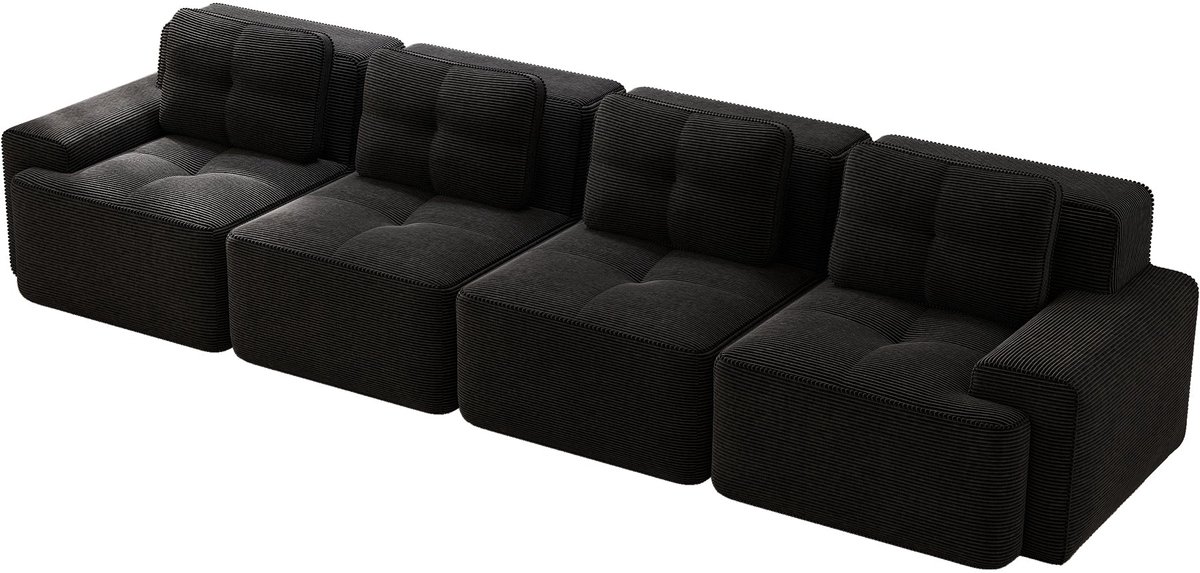 Merax Frameloze Cloudbank 4-Zits - Zwarte Ribstof Loungebank 382 cm - Modulaire Bank met Diepe Zitting - Antislip Onderzijde - Geen Montage Nodig - Sofa voor Woonkamer