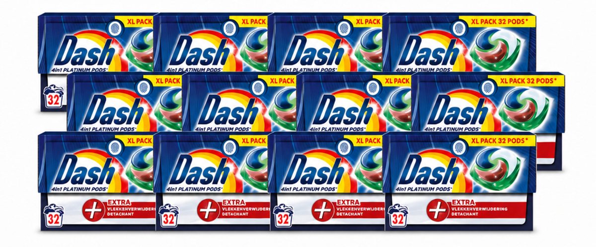 12 x Dash - 4in1 Pods +Extra Vlekkenverwijderaar - Wasmiddelcapsules - Intensieve Reiniging - 32 Wasbeurten - Voordeelverpakking - 12 stuks