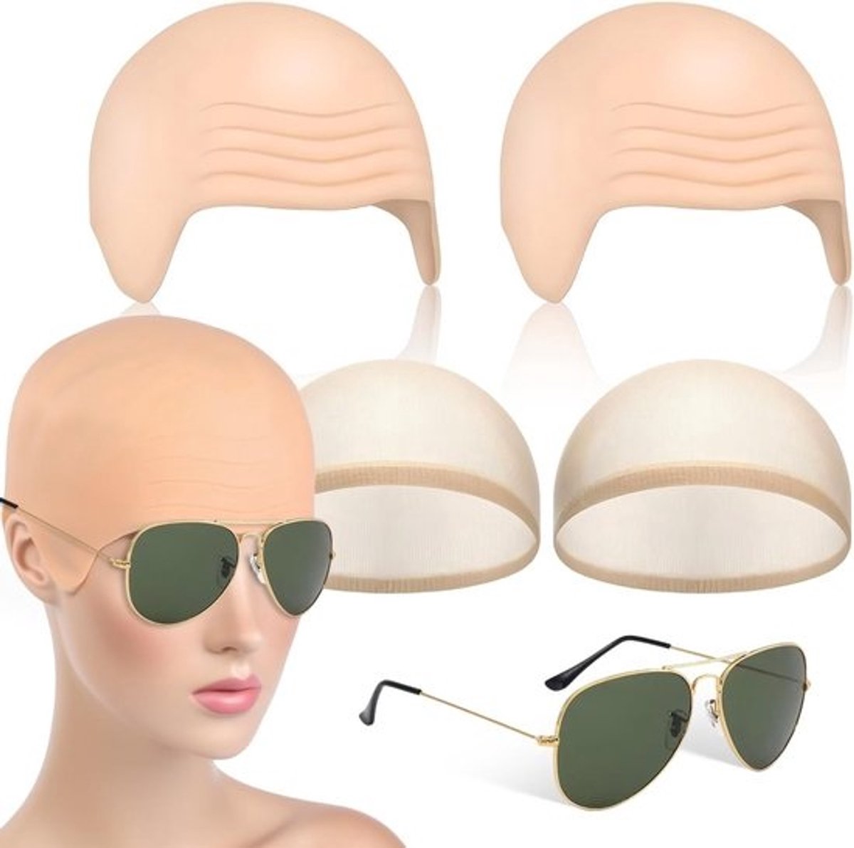 Bald cap set - 2 haarnetten en zonnebril - rollenspellen en feestjes