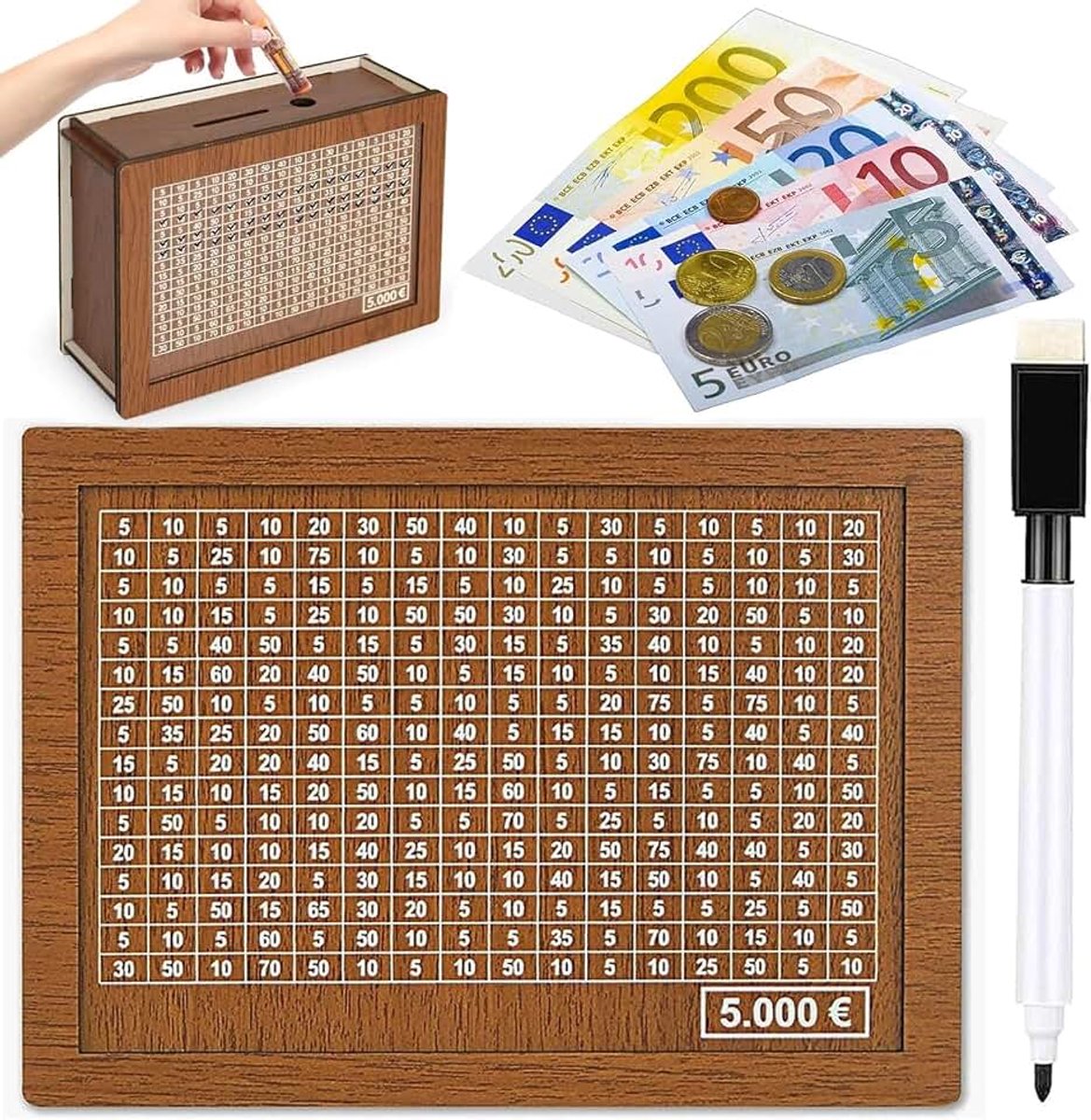 Spaarpot van hout, spaarpot met teller voor, herbruikbare spaarpot met spaardoel en cijfers om aan te kruisen, retro spaarpot, opbergdoos voor volwassenen en kinderen