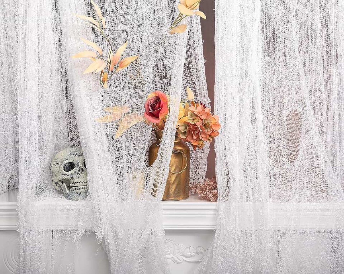 Halloween decoratie gaas griezelige stof - kaasdoek, Halloween-decoraties voor de deuren, hal, douchegordijnen, veranda's, plafonds, ramen, poorten, decoratie prop(wit)