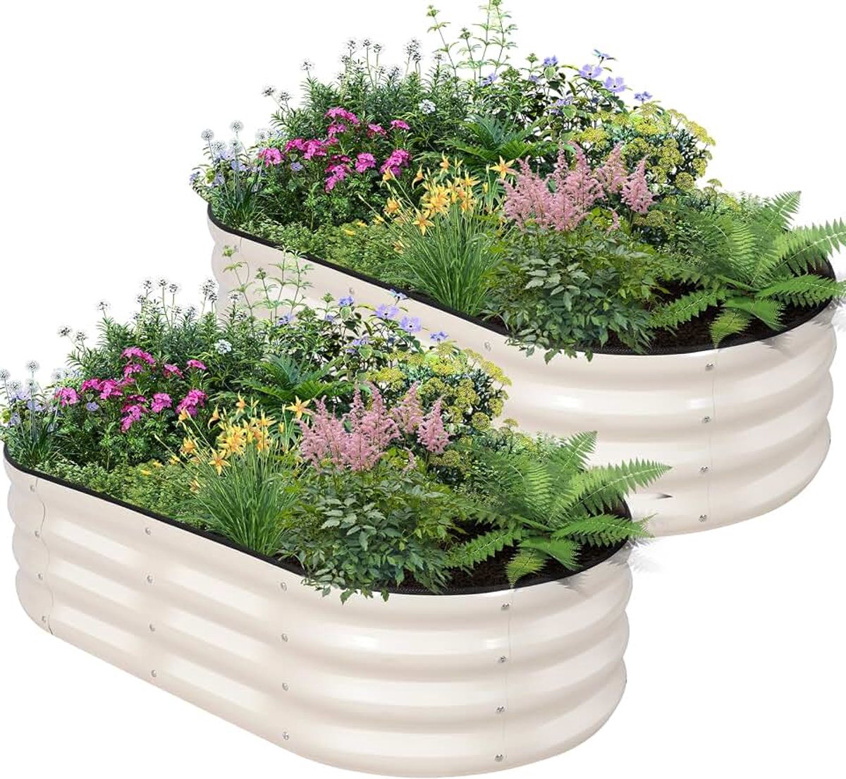 Verhoogd tuinbed - 2 x 2 x 1 ft (2 stuks) plantenbak verhoogde bedden voor tuinieren | Ovale metalen tuinplantenbak met veiligheidsranden en handschoenen voor groenten