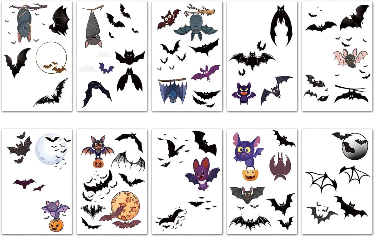 20 vellen Halloween-tatoeages voor kinderen, oplichtend, vleermuis, tijdelijke tatoeages, waterdicht, Halloween-decoratie & cadeautje, kinderverjaardag voor jongens en meisjes