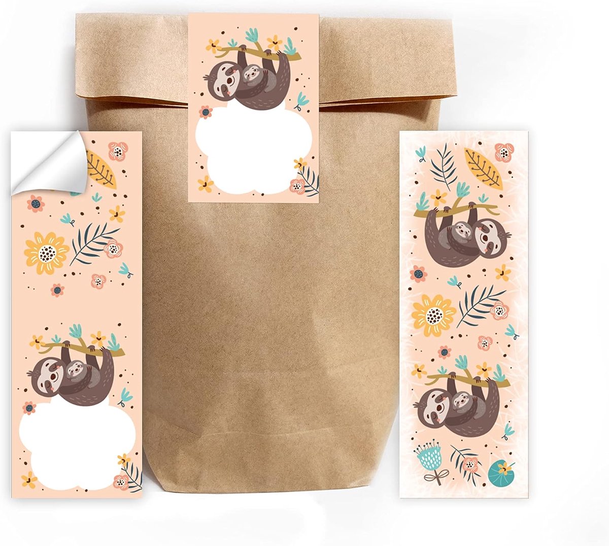 12 bladwijzers + 12 geschenkzakjes (natuur) + 12 stickers luiaard cadeautje gastgeschenk voor kinderverjaardag meisjes jongens