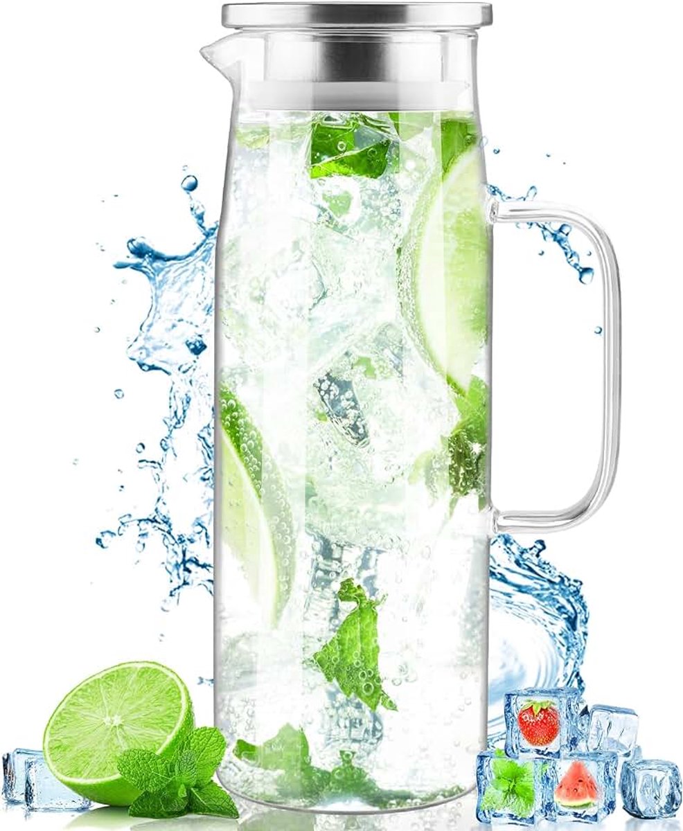 Glazen karaf, 1,5 liter, waterkan van glas met verzegeld deksel, hitte- en koudebestendig, voor warme en koude dranken, wijn, koffie, melk en sap