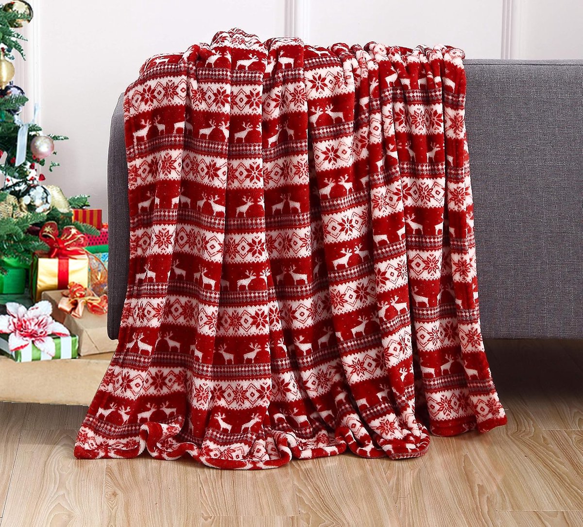 Huttutu Deken - Zachte Fleece Plaid met Kerst Rendierpatroon - Festieve Woondecoratie - Warm en Knus - Geschikt voor Winterbed Bank en Cadeau - Formaat 130x150 cm - Dubbel Rendierontwerp Rood