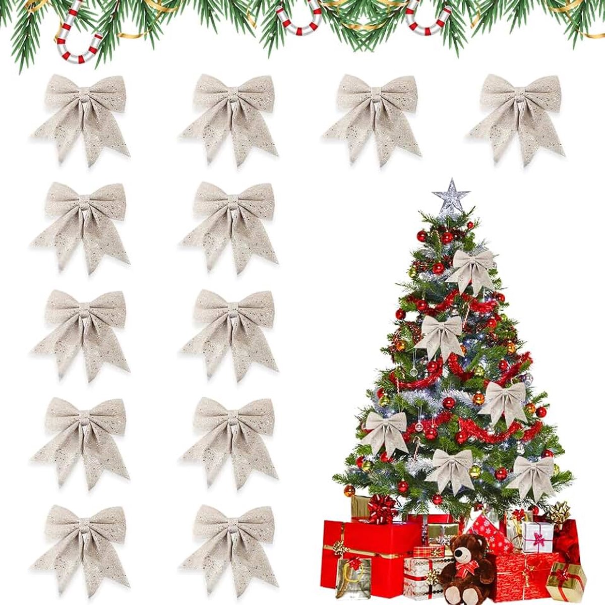 12 Stuks strikken voor Kerstmis, glitter, kerststrikken, hangende decoratie, kerstboomversiering, cadeaustrik, kerstboomversiering voor knutselen, verpakking (Champagne)