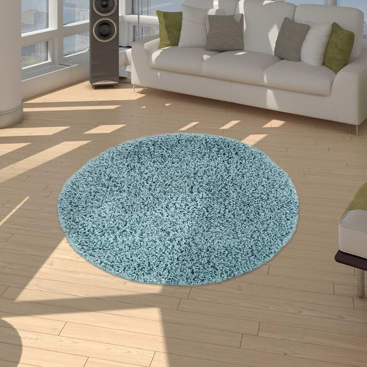 Home Vloerkleed voor woonkamer, slaapkamer/Hoogpolig shaggy vloerkleed in versch. ontwerpen, kleuren en afmetingen, Maat:Ø 80 cm rondje, Kleur:Turquoise 3