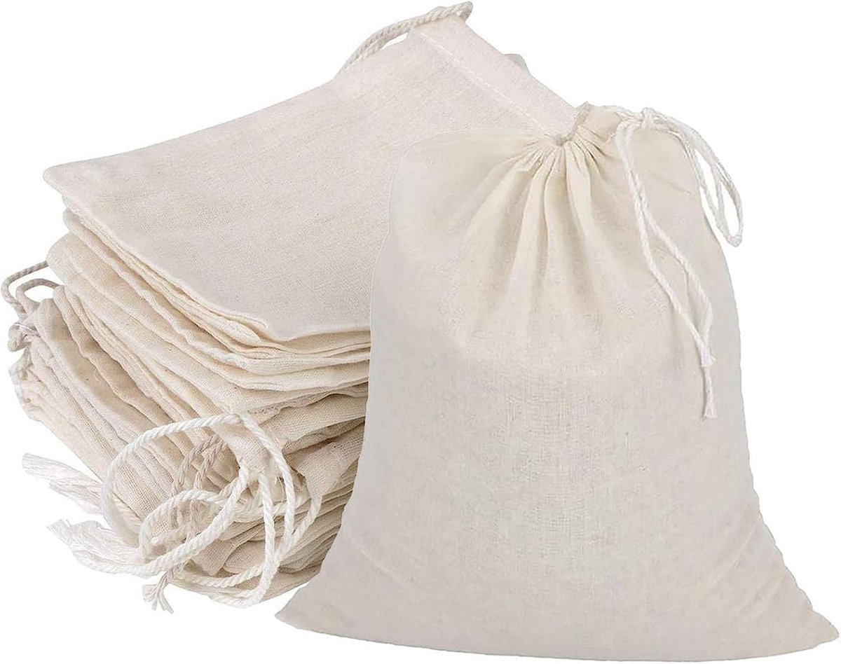 Set van 20 katoenen zakken met trekkoord, kaaszakjes voor het filteren van herbruikbare lege theezakjes, soepzakken, kruidenzakjes om te koken, cold brew koffiezakken, mousseline filterzakken, beige