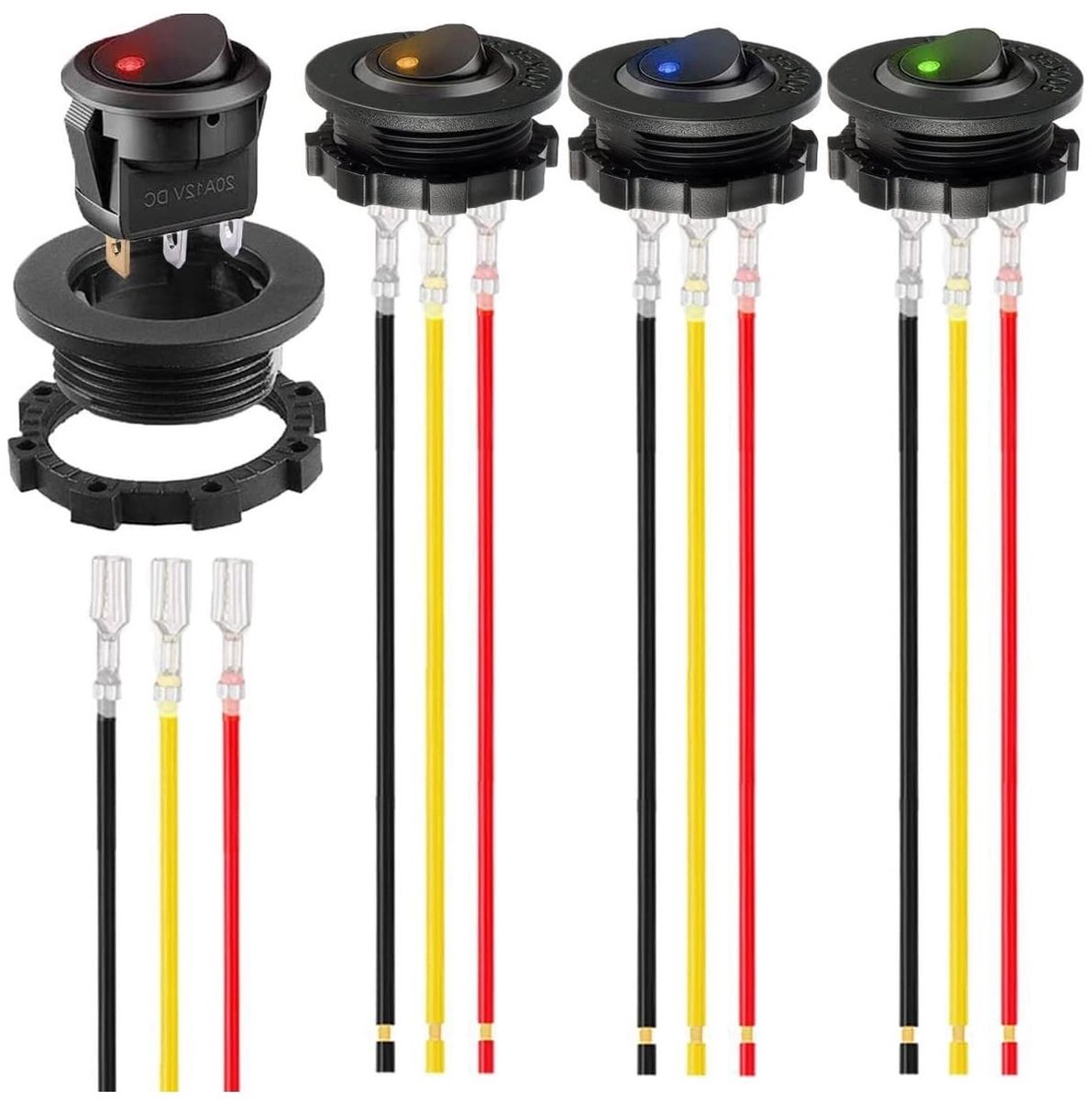 4 stuks DC 20 A 12 V SPST ronde tuimelschakelaar behuizing behuizing 12 V led aan-uit voor doe-het-zelf auto vrachtwagen wagen paneel blauw rood groen geel verlicht