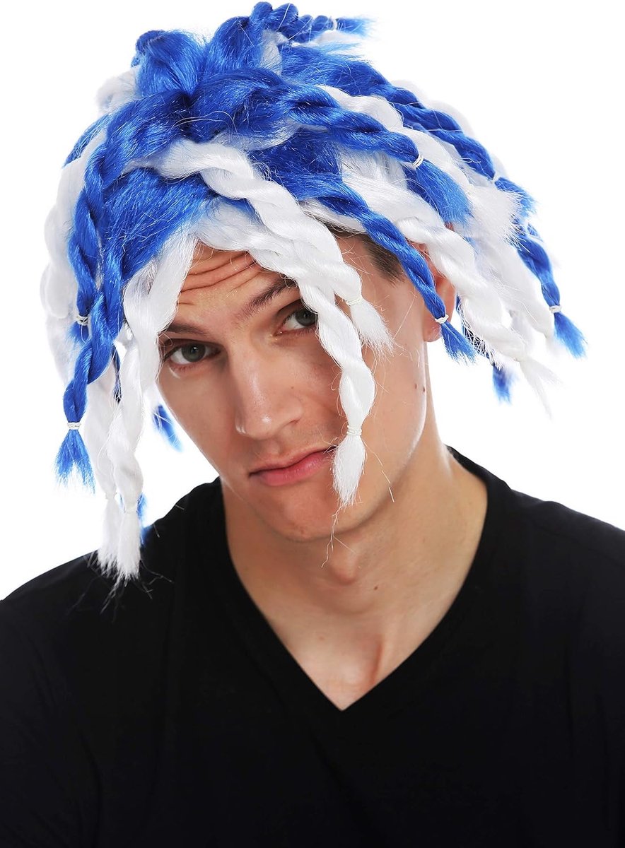 Carnavalswaaierpruik, voor heren en dames, blauw-witte gevlochten Rasta dreadlocks, schouderlengte