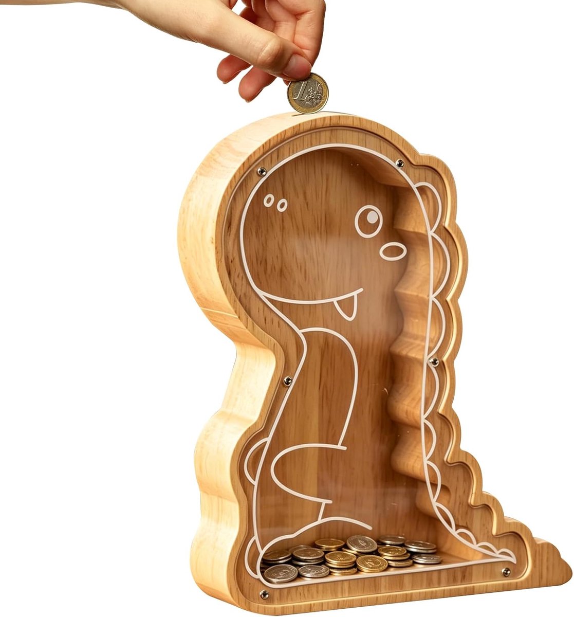 Spaarpot van hout, dinosaurus, kinderspaarpot van natuurlijk hout met kijkvenster, schattige spaarpot voor kinderen als cadeau, houten spaarpot voor spaaropvoeding