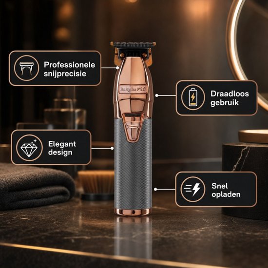 Rosegouden BaBylissPRO trimmer met grijze handgreep, met iconen voor "Professionele snijprecisie", "Elegant design", "Draadloos gebruik" en "Snel opladen".