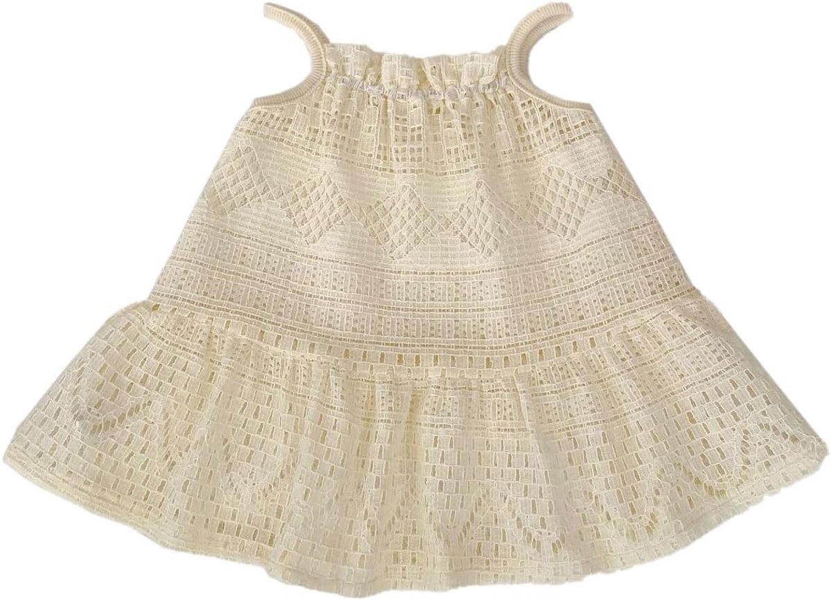 Spaghettibandjesjurk voor Babymeisjes, Holle Prinsessenjurk met Kanten Bretels, Mouwloze A-lijn Jurk met Bloemenborduursel en Elastische Hals voor 6 Maanden-5 Jaar, Beige